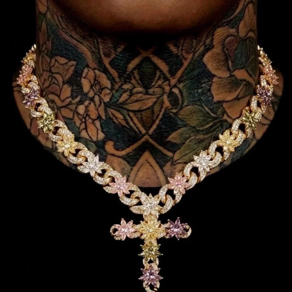Multicolor Floral Cross Cuban Chain Necklace - Women Jewelry 20inch